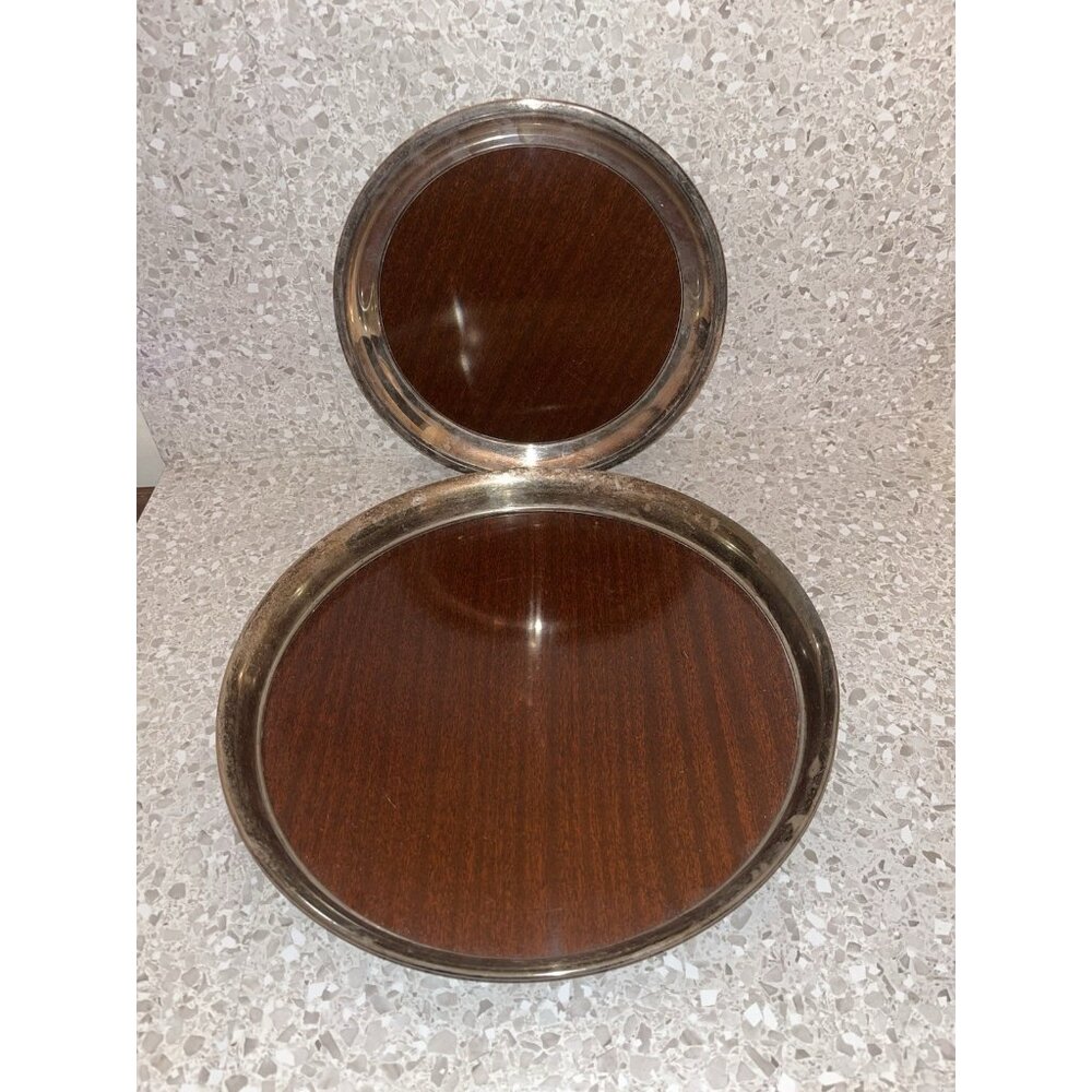 Round Serving Cocktail Tray Formica Wood Grain Set of 2 MCM Vintage Cresent & ? - Picture 2 of 12